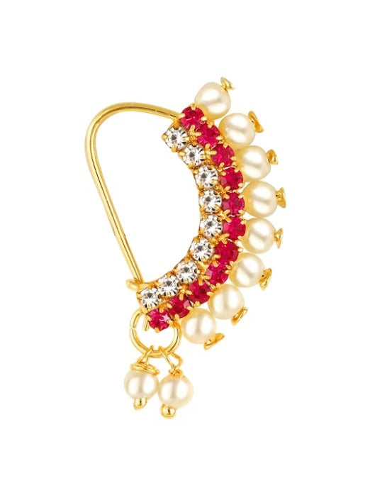 Gold-Plated Stone-Studded & Pearl Beaded Ring Nosepin