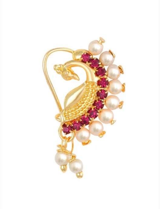 Gold-Plated Stone-Studded & Pearl Beaded Ring Nosepin