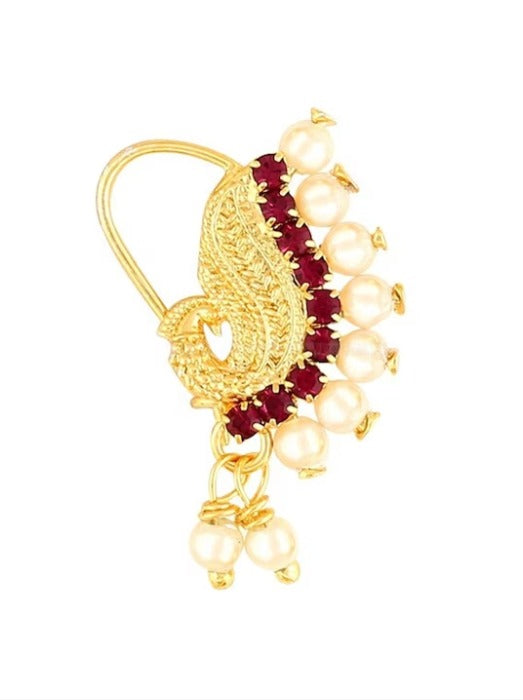 Gold-Plated Stone-Studded & Pearl Beaded Ring Nosepin