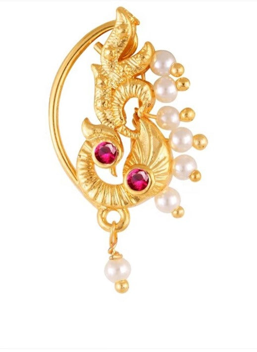 Gold-Plated Stone-Studded & Pearl Beaded Nath Nathiya