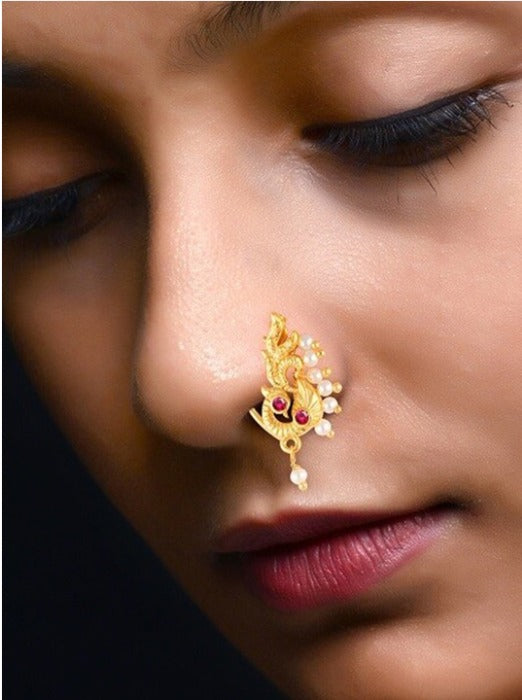 Gold-Plated Stone-Studded & Pearl Beaded Nath Nathiya