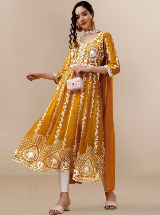 Floral Lucknowi Chikankari Embroidered Georgette Anarkali Kurta with Dupatta