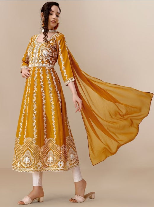 Floral Lucknowi Chikankari Embroidered Georgette Anarkali Kurta with Dupatta