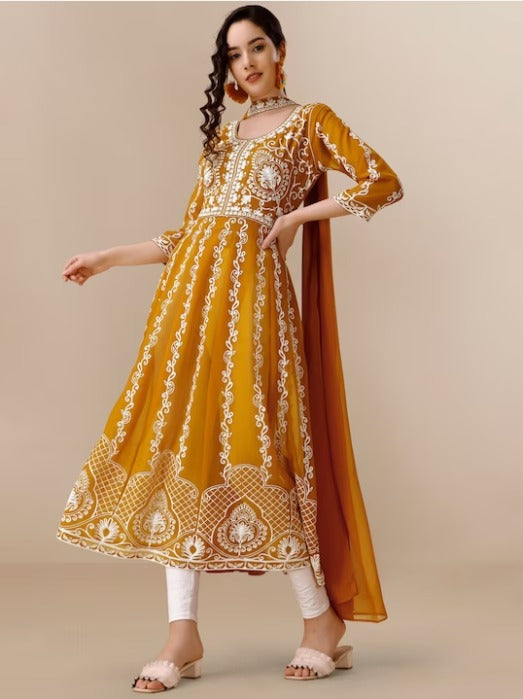 Floral Lucknowi Chikankari Embroidered Georgette Anarkali Kurta with Dupatta