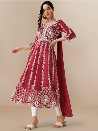 Maroon & White Ethnic Motifs Embroidered Chikankari Kurta & Dupatta