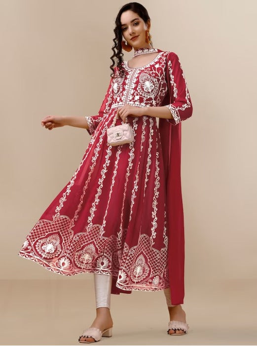 Maroon & White Ethnic Motifs Embroidered Chikankari Kurta & Dupatta