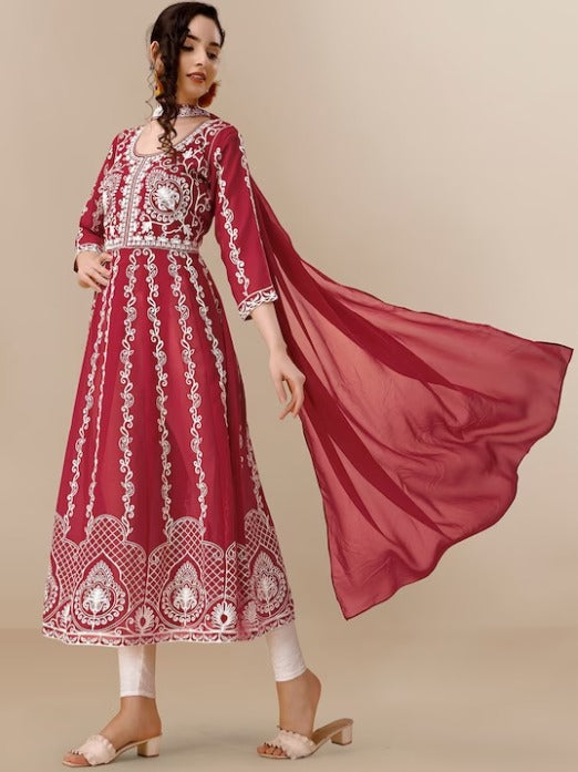 Maroon & White Ethnic Motifs Embroidered Chikankari Kurta & Dupatta