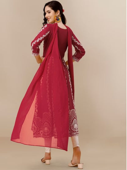 Maroon & White Ethnic Motifs Embroidered Chikankari Kurta & Dupatta