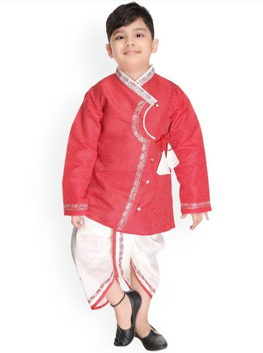 Boys Printed Thread Work Angrakha Pure Cotton Kurta with Dhoti Pants