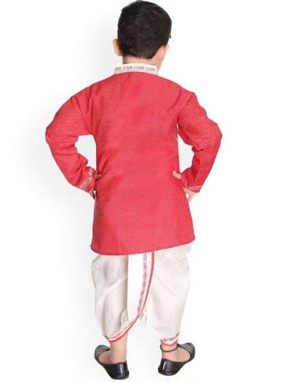 Boys Printed Thread Work Angrakha Pure Cotton Kurta with Dhoti Pants