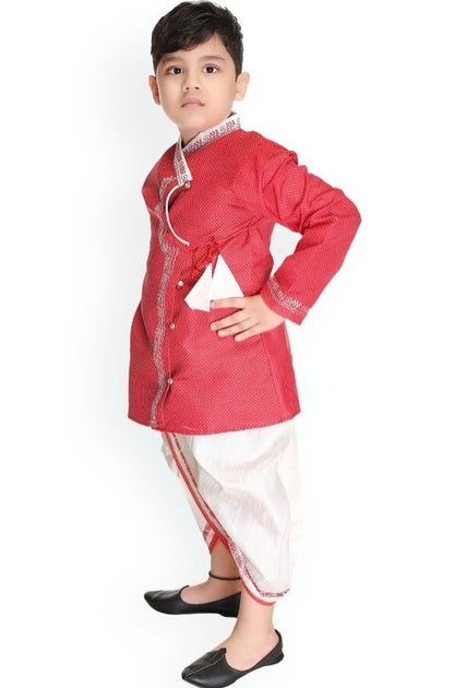 Boys Printed Thread Work Angrakha Pure Cotton Kurta with Dhoti Pants