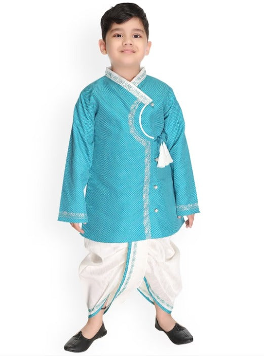 Boys Printed Thread Work Angrakha Pure Cotton Kurta with Dhoti Pants