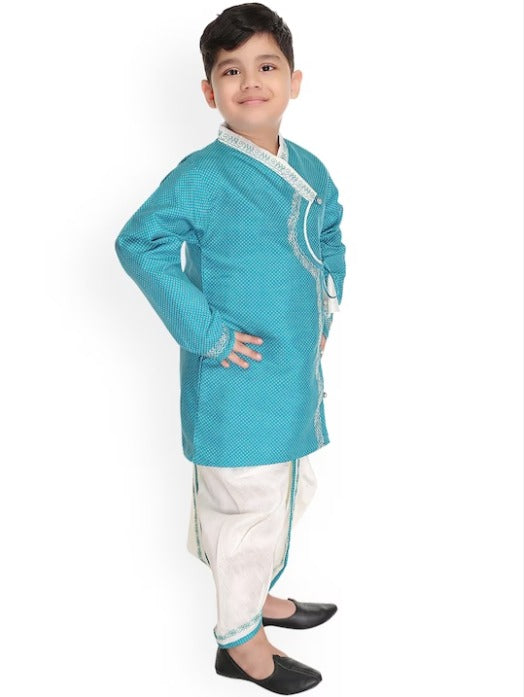 Boys Printed Thread Work Angrakha Pure Cotton Kurta with Dhoti Pants