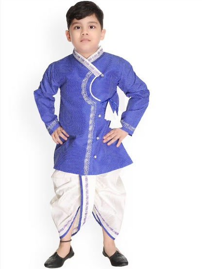 Boys Printed Thread Work Angrakha Pure Cotton Kurta with Dhoti Pants