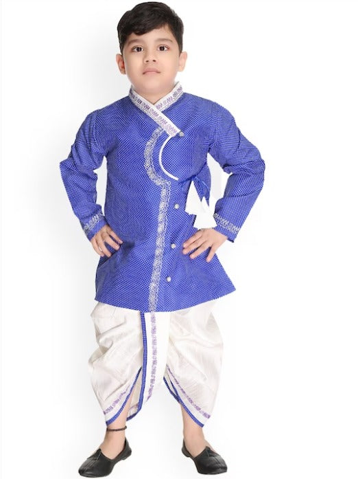 Boys Printed Thread Work Angrakha Pure Cotton Kurta with Dhoti Pants