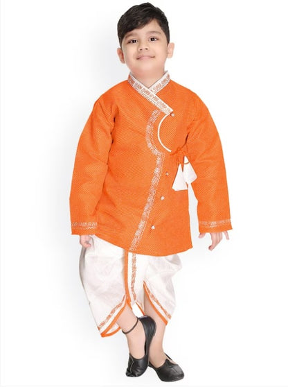 Boys Printed Thread Work Angrakha Pure Cotton Kurta with Dhoti Pants