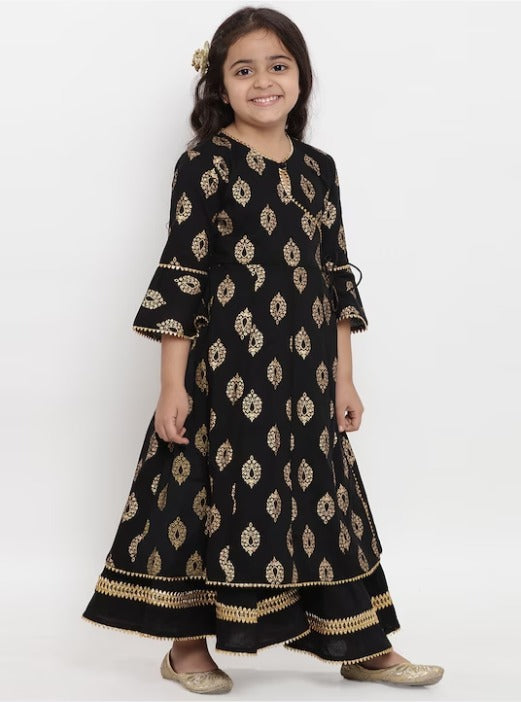 Girls Black Foil Printed Kurta with Palazzos