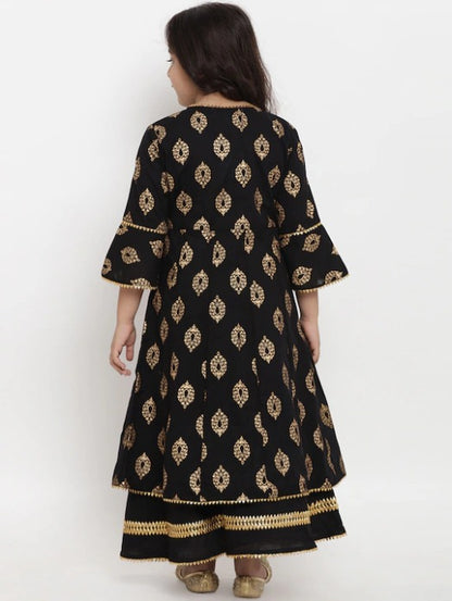 Girls Black Foil Printed Kurta with Palazzos