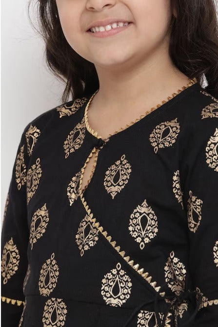 Girls Black Foil Printed Kurta with Palazzos