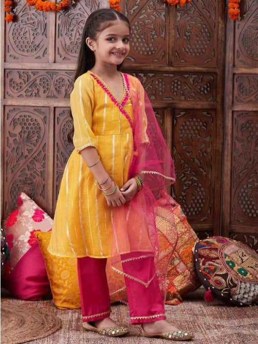 Girls Striped Embroidered Chanderi Cotton Anarkali Kurta With Trousers & Dupatta