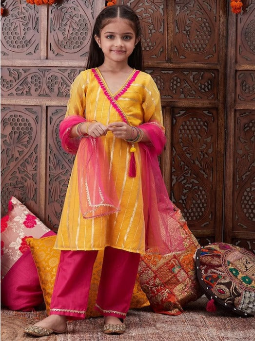 Girls Striped Embroidered Chanderi Cotton Anarkali Kurta With Trousers & Dupatta