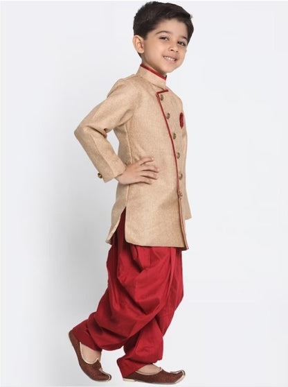 Boys Brown & Maroon Self Design Kurta with Dhoti Pants