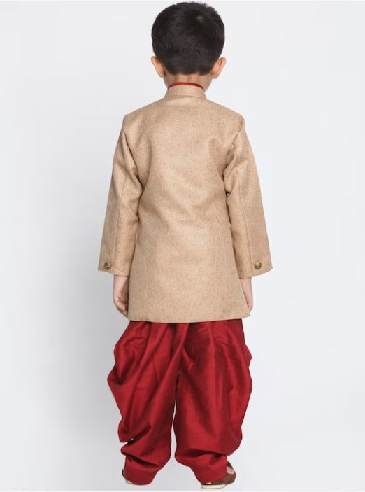 Boys Brown & Maroon Self Design Kurta with Dhoti Pants