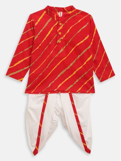 Boys Red Leheriya Printed Pure Cotton Kurta with Dhoti Pants