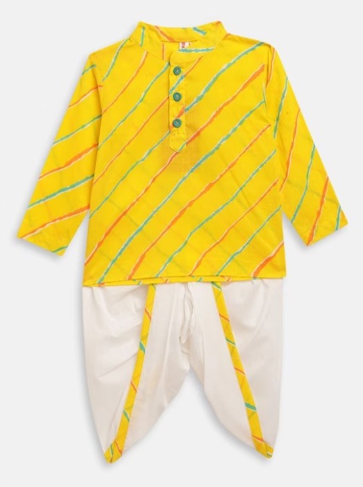 Boys Yellow Leheriya Printed Pure Cotton Kurta with Dhoti Pants