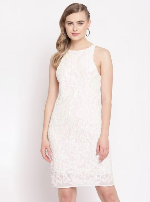 White Floral Net Sheath Dress