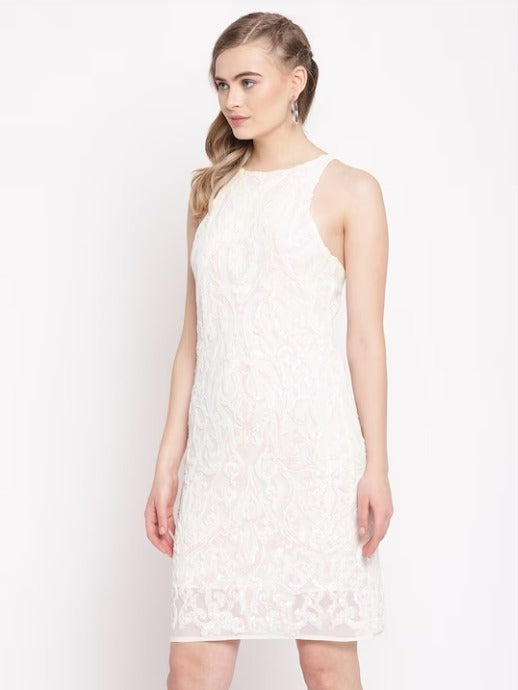 White Floral Net Sheath Dress