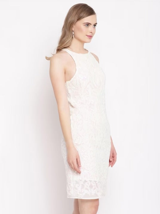 White Floral Net Sheath Dress