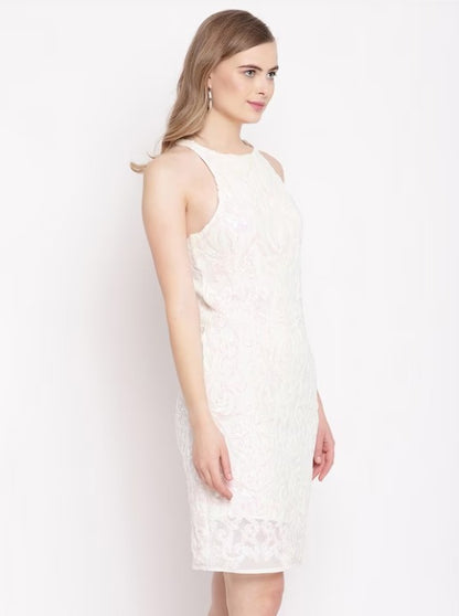 White Floral Net Sheath Dress