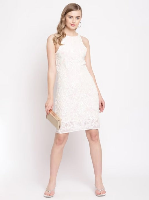 White Floral Net Sheath Dress