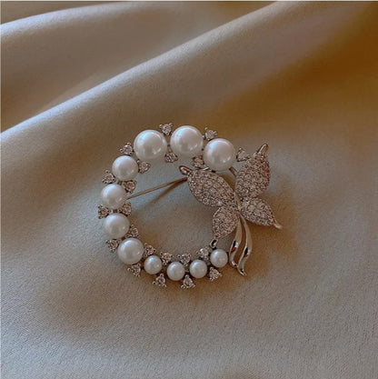 Elegant Faux Pearl Butterfly Wreath Brooch Pin