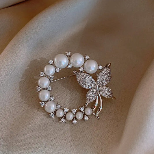 Elegant Faux Pearl Butterfly Wreath Brooch Pin