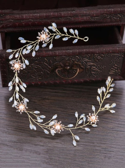 Women Peach-Coloured & White Embellished Hand Made Pearl Floral Hair Vine