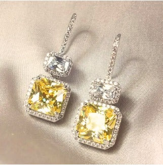 Square Crystal Drop Earrings in White & Yellow.