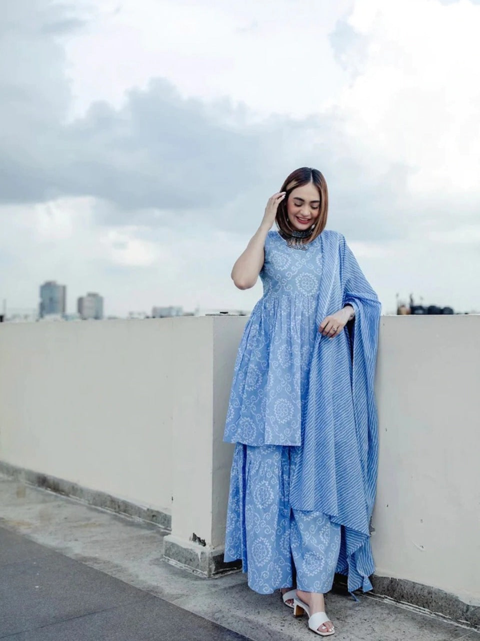 Trendy Blue Tunic with Palazzo pants & Stole