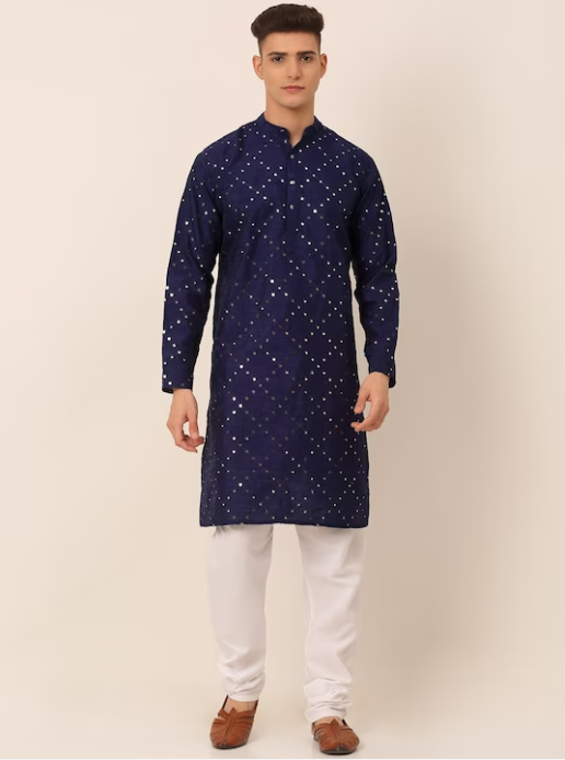 Men Embroidered Mirror Work Dupion Silk Kurta with Pyjamas