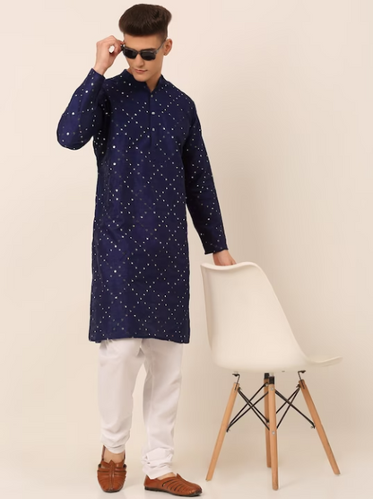 Men Embroidered Mirror Work Dupioni Silk Kurta with Pyjamas