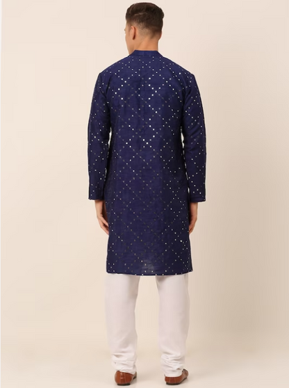 Men Embroidered Mirror Work Dupioni Silk Kurta with Pyjamas