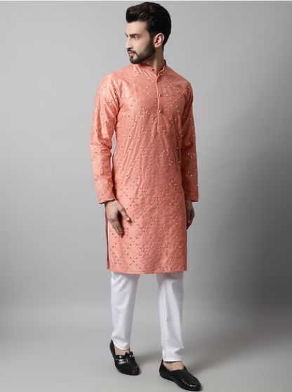 Men Embroidered Mirror Work Dupioni Silk Kurta with Pyjamas