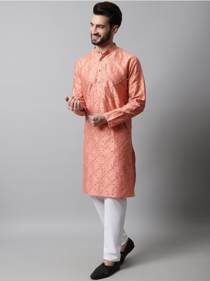 Men Embroidered Mirror Work Dupion Silk Kurta with Pyjamas