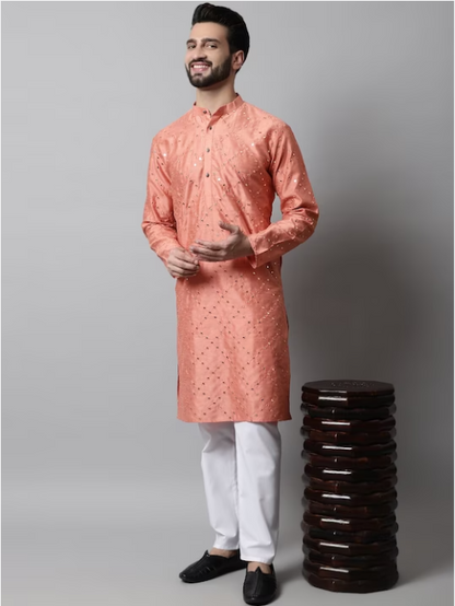 Men Embroidered Mirror Work Dupioni Silk Kurta with Pyjamas