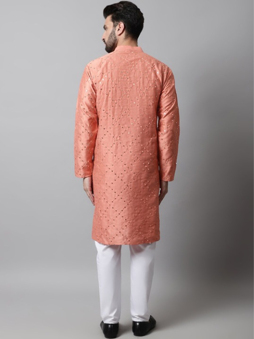 Men Embroidered Mirror Work Dupioni Silk Kurta with Pyjamas