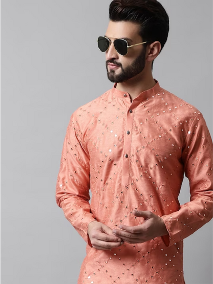 Men Embroidered Mirror Work Dupion Silk Kurta with Pyjamas