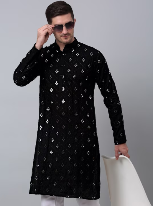 Geometric Embroidered Mirror Work Embellished Pure Cotton Kurta With Churidar pants