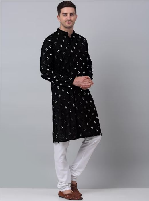 Geometric Embroidered Mirror Work Embellished Pure Cotton Kurta With Churidar pants