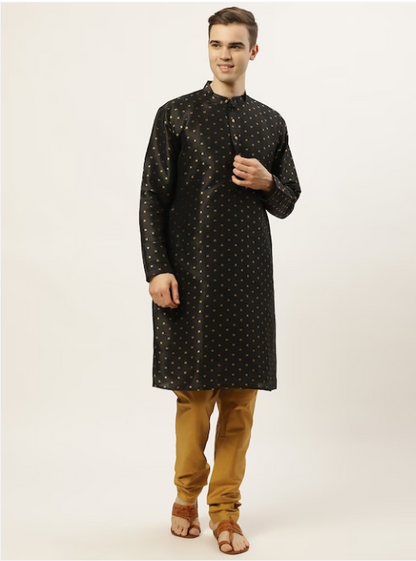 Men Black Dupioni Silk Kurta with Churidar Pants